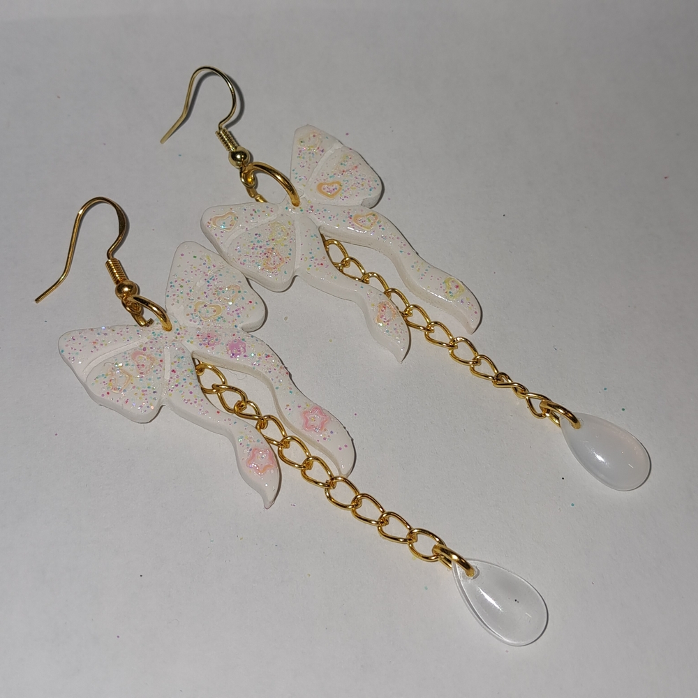 Chic Gold and White Sparkly Bow Chain Earrings